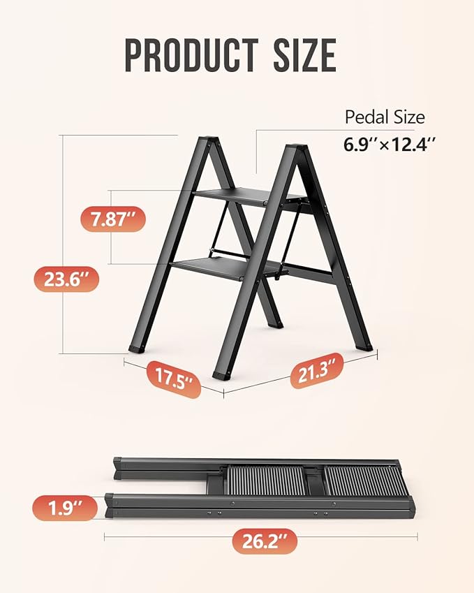 WOA WOA 2 Step Ladder, Foldable Step Stool, Aluminum Lightweight Ladder for Home Kitchen Closet, Anti-Slip Pedals, Ease of Folding, Portable, 300lbs Capacity - Black