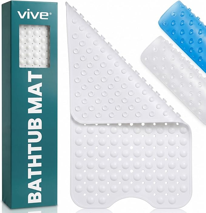 Vive Bathtub Mat for Bath & Shower Floors - Anti Non Slip Suction Rubber Skid Pad for Tub, Bathroom, Elderly, Kids - Eco-Friendly, Resistant Strong, Textured Rectangle Grip - Machine Washable (Clear)
