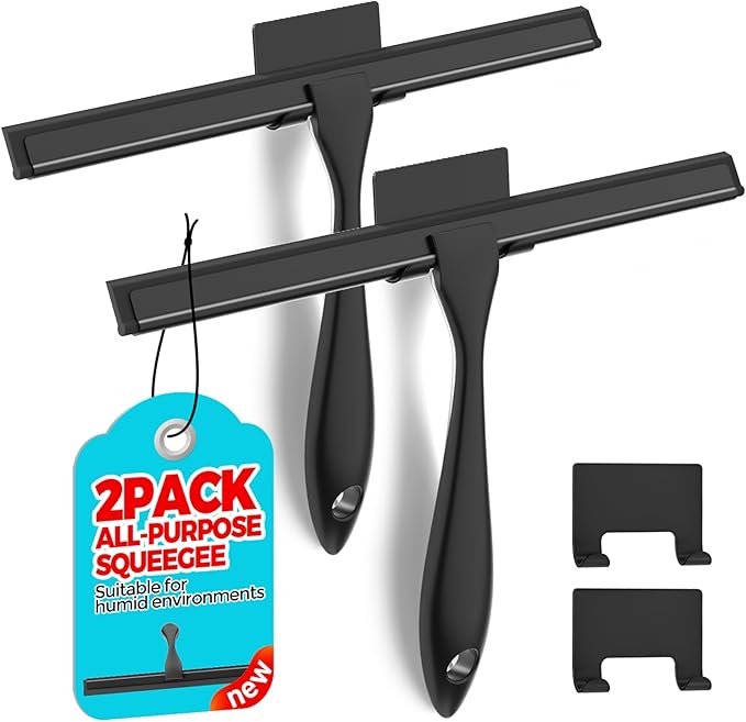 ALFLOD 2PACK All-Purpose Shower Squeegee for Shower Doors, Bath Linen Sets, Tile Shower Walls, Bathroom, Window, Glass and Car Windshield, Mirrors and Kitchen-Stainless Steel, 11.8-Inch Black
