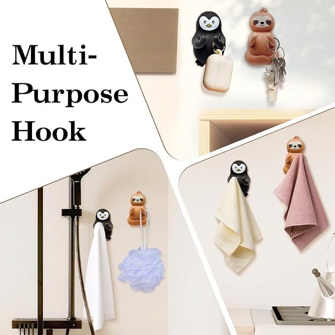 Cute Sloth and Penguin Waterproof Self-Adhesive Shower Hook Set, Brown Sloth and Black Penguin Razor Holder Bathroom Accessories for Men Women Animal Lover, Animal Lover Bathroom Decor Gifts