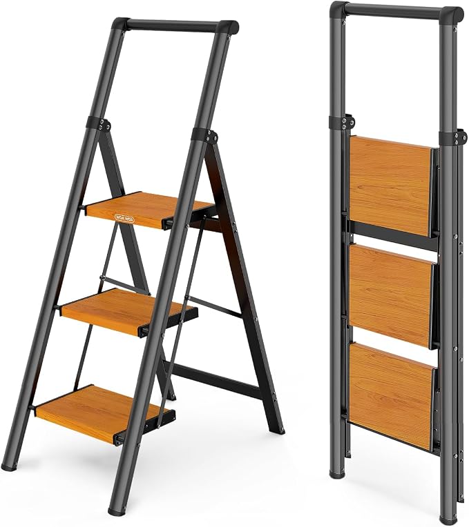 WOA WOA 3 Step Ladder, Ladders for Home, Anti-Slip Pedals, Aluminum Step Stool Foldable, Lightweight to Move, Ease of Storage, Reach 8ft for Closet Kitchen Library, Hold 300lbs - Black&Wood Grain