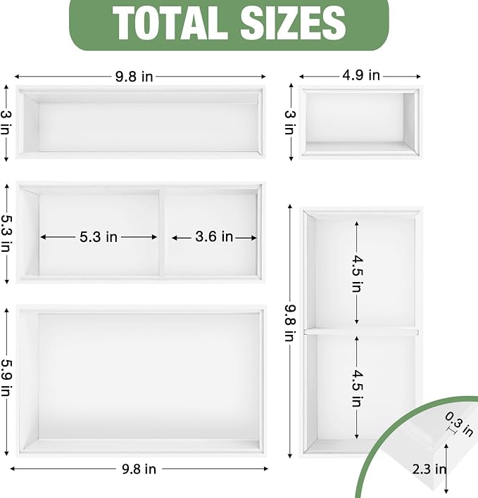 Bamboo Drawer Organizer,5 PCS White Bathroom Tray&Desk Organizers and Storage,Cabinet Divider With Removable Silverware Organization for Kitchen,Utensils,Junk,Office,Makeup