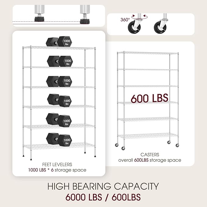 BestOffice NSF Wire Shelving Unit 6Shelf Large Storage Shelves Heavy Duty Metal Wire Rack Shelving Height Adjustable Commercial Grade Utility Steel Storage Rack Casters 6000LB Capacity-18x48x77,Chrome