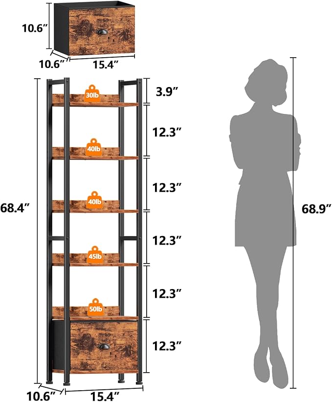 Furologee Book Shelf Set of 2, 6 Tier Tall Shelf with Drawer, Bookshelves and Bookcases Set of 2, Industrial Display Shelving Unit for Bedroom, Living Room, Home Office, Rustic Brown