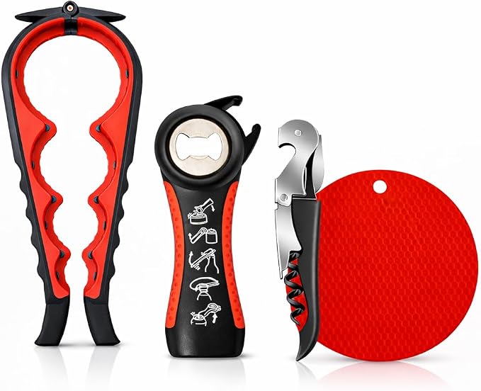 4-in-1 Multi-Function Bottle Opener Set for Jars, Bottles and Wine with Non-Slip Grip (Black + Red)