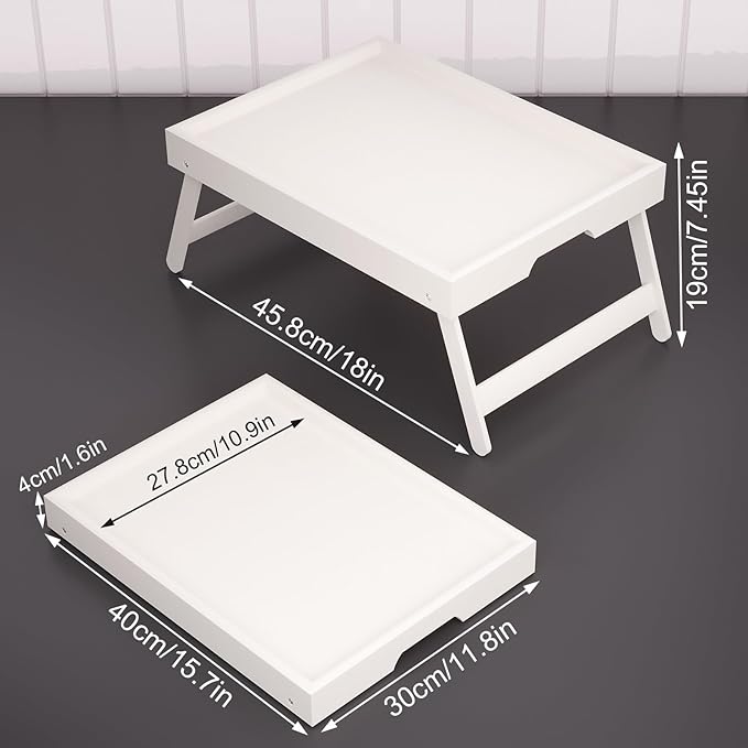 Fibogollo 4 Pack Bamboo Bed Tray Table with Folding Legs,Breakfast Trays,Serving Tray for Food and Snack,Laptop Trays for Working(White)