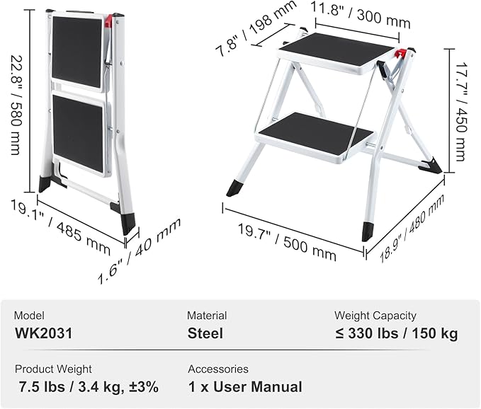 VEVOR Step Ladder 2-Step 330lbs Capacity, Ergonomic Folding Steel Step Stool with Wide Anti-Slip Pedal, Sturdy Step Stool for Adults Toddlers, Multi-Use for Household, Kitchen, Office, RVs