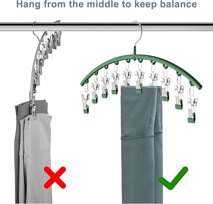 Legging Organizer for Closet, Metal Yoga Pants Hangers 2 Pack w/10 Clips Holds 20 Leggings, Space Saving Hanging Closet Organizer w/Rubber Coated Closet Organizers and Storage, Green