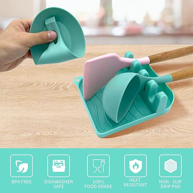 2 Pack Multiple Utensil Spoon Rest with Drip Pad Non-Slip Heat Resistant Kitchen and Grill Spoon Holder for Spatula, Ladle, Tongs, Kitchen Gadgets, and Cooking Accessories (Lake Green)