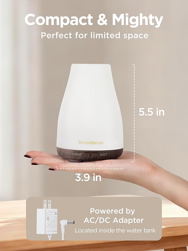 InnoGear Essential Oil Diffuser, Ultrasonic Diffusers for Home Aromatherapy Humidifier for Bedroom Room 7 Colors LED 2 Mist Mode Auto Off, Brown Base