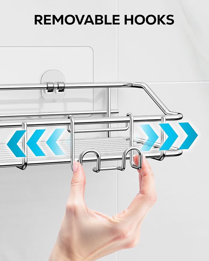 Nieifi Shower Caddy Shelf with Hooks Storage Rack Organizer Adhesive Stainless Steel without Drilling for Bathroom, Lavatory, Washroom, Restroom, Shower, Toilet, Kitchen (Sliver, 3 Pack)