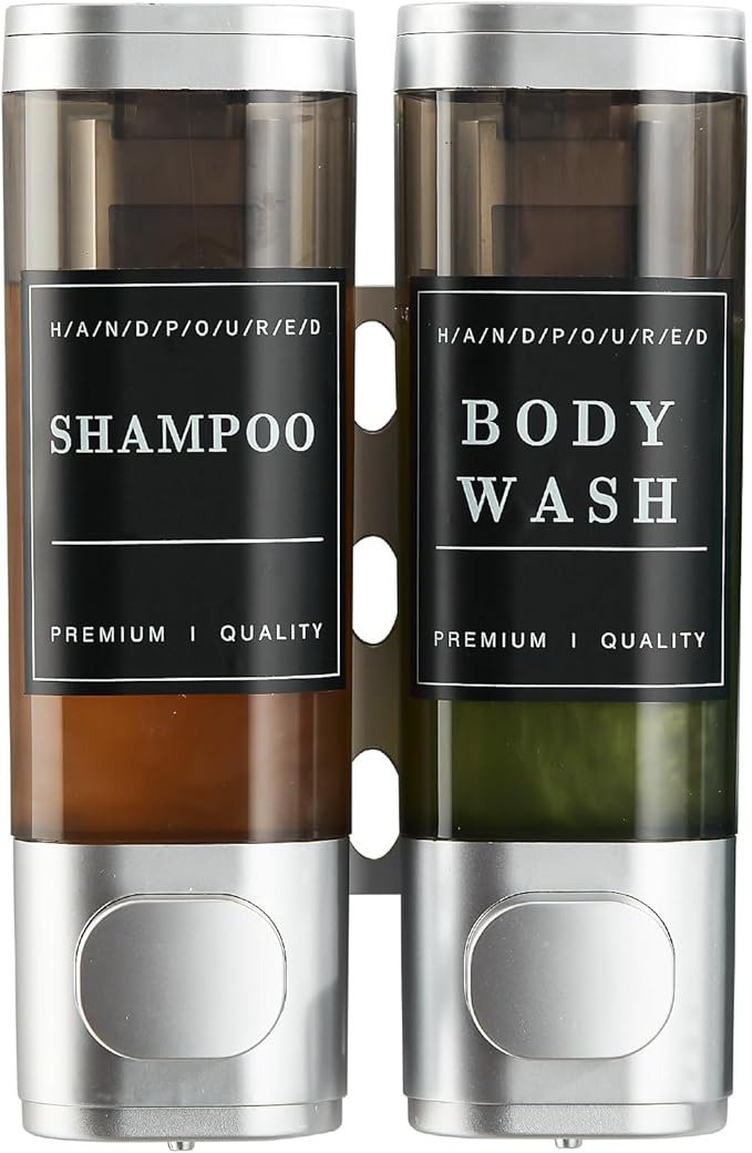 Shampoo and Conditioner Dispenser,Unisence Shower Dispenser 2 Chamber No Drill Wall-Mounted Shampoo Dispenser for Shower Wall Mounted Body Wash Dispenser for Bathroom Hotel Large Capacity,Silver