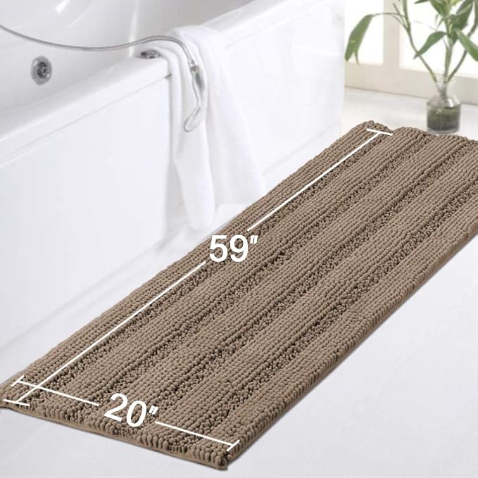 Turquoize Luxurious Shaggy Chenille Kitchen/Bath Mat Non-Slip Mat Taupe Brown Chenille Rug Striped Mat Water Absorbent Bath Rug Runner for Floor, Taupe Brown, Size 59 x 20 Inches