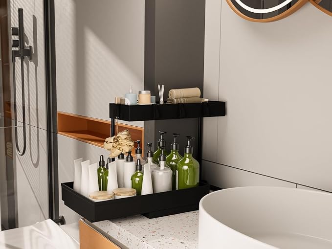 NATURE'S SOURCE 2 Pack Under Sink Organizer 2 Tier Sliding Cabinet Organizers Multi-Purpose Sink Storage Basket L-Shape Narrow Space Storage Shelves with 4 Hook for Kitchen Bathroom Drawer, Black