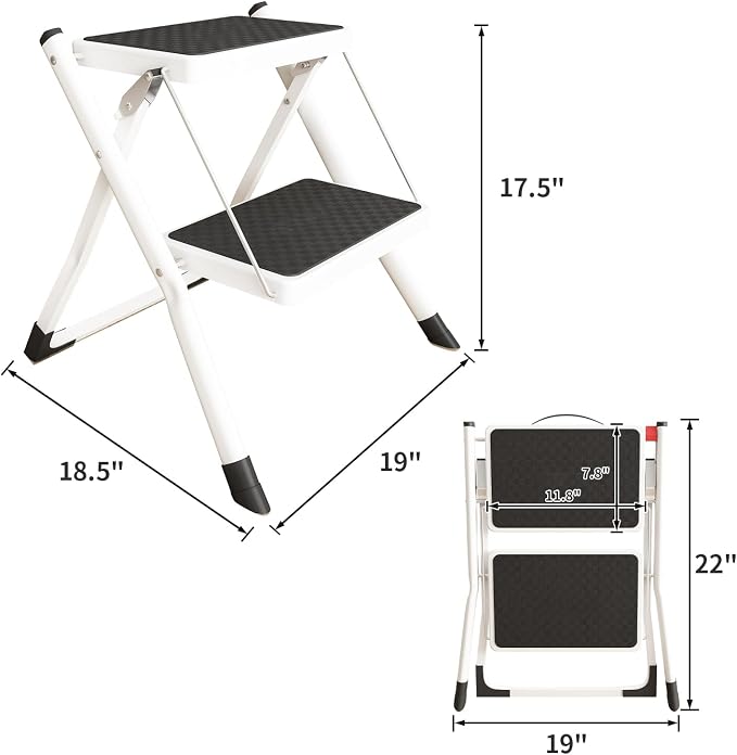2 Step Stool Folding Step Ladder with Anti-Slip Base and Wide Pedal, Lightweight Sturdy 330 lbs Portable Step Stool for Kitchen Pantry Closet Office Garage Travel Indoor Outdoor Use, White