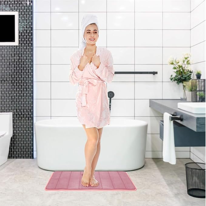 Pink Memory Foam Bath Mat Set, Bathroom Rugs for 3 Pieces, Toilet Mats, Soft Comfortable, Water Absorption, Non-Slip, Thick, Machine Washable, Easier to Dry for Floor Mats Pink Bathroom Sets