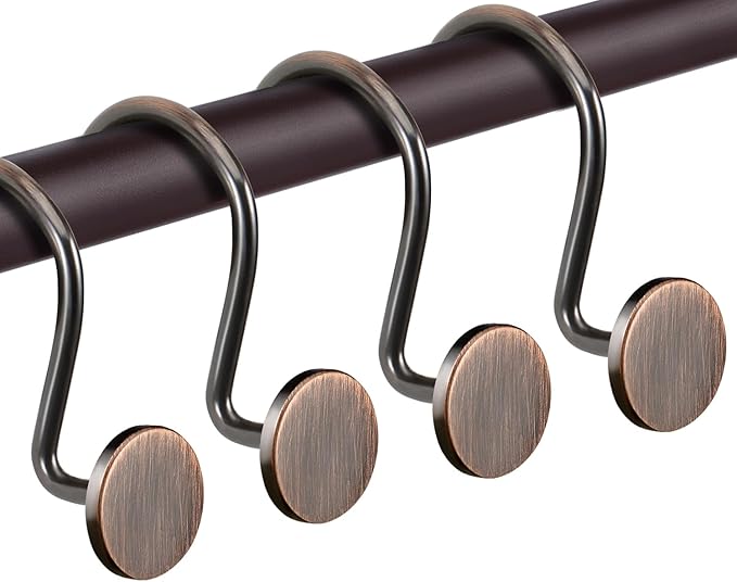 CHICTIE Bronze Shower Curtain Hooks, Oil Rubbed Rustproof Shower Curtain Rings for Bathroom, Metal Decorative Shower Hooks for Shower Curtain Rod, Set of 12 Shower Hangers Round Heavy Duty Design