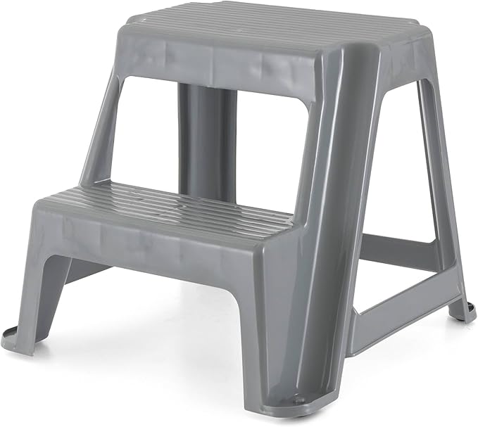 Gracious Living 16-Inch Tall Plastic 2 Step Stool, Portable Dual Step Ladder Foot Stool for Kitchen, Bathroom, Bedroom, and Garage, Gray (4 Pack)