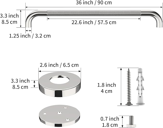 36 Inch Polished Chrome Grab Bars for Shower with Anti-Slip Knurled Grip,YuanDe Stainless Steel Bathroom Grab Bars, Shower Handrail Support, Handicap Elderly Balance Assist Handles