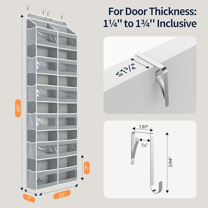 Yecaye 6-Tier Over The Door Organizer Dual-Column of 12 Compartments, College Dorm Essentials with Clear PVC Windows, Heavy Duty Door Organizer Hanging for Bedroom Bathroom Pantry Nursery, Grey 1 Pack