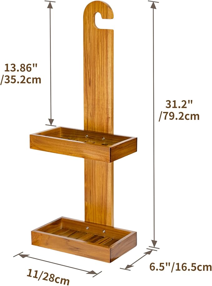 Utoplike Teak Hanging Shower Caddy with Hooks, Bathroom Shower Organizer Over Shower Head, 2-Tier Wood Shelf for Shampoo, Towels, No Drilling