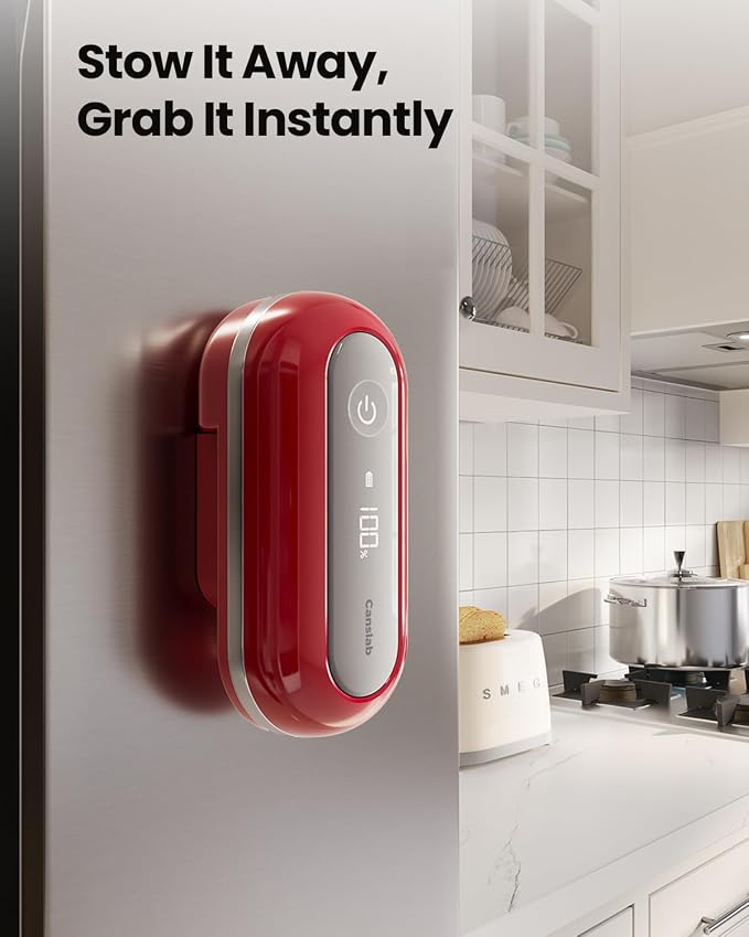 Canslab RETRO Electric Can Opener, Auto-Stop One-Touch Operation, USB Rechargeable with LED Battery Track, Side Cut Smooth Edge Can Opener for Seniors with Arthritis, Wall-Mountable Small Size, Red