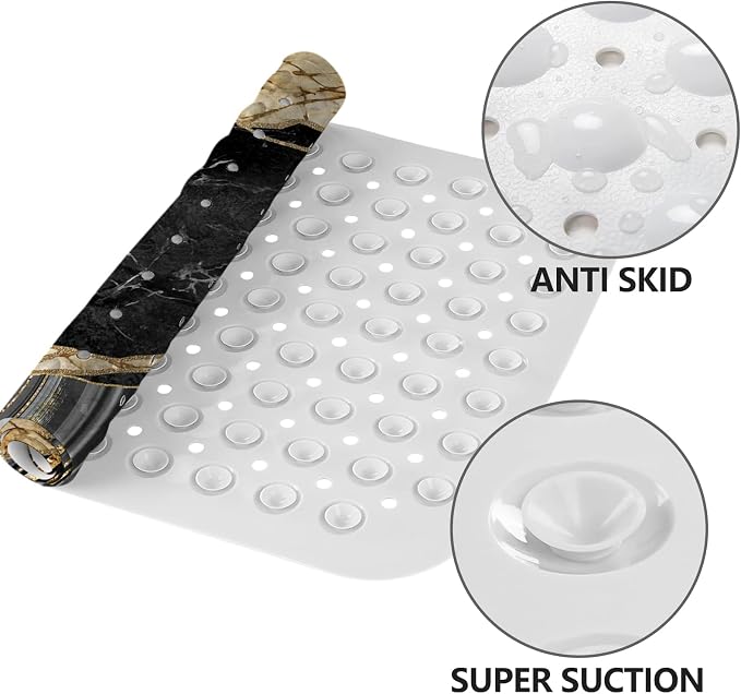 LNOND Marble Bath Tub Mat Non Slip, Extra Long 40 X 16 Inch Anti Slip Mat for Bathtub, Black Gold Luxury Marble Shower Mat with Drain Holes and Suction Cups, Machine Washable