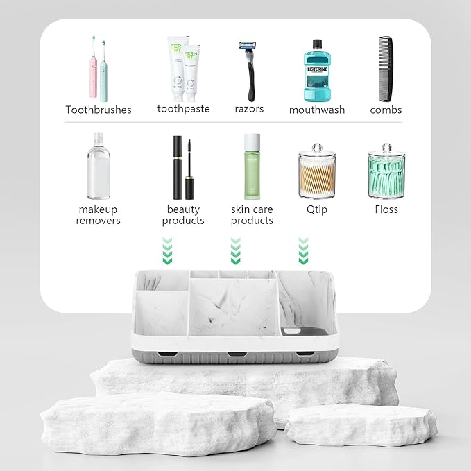 GFWARE Bathroom Toothbrush Holder Set with 2 Pack Qtip Holder Dispenser - Detachable 7 Slots Bathroom Accessory Set, Kids Marble Bathroom Sink Counter Set, Bathroom Essentials Decor, Grey