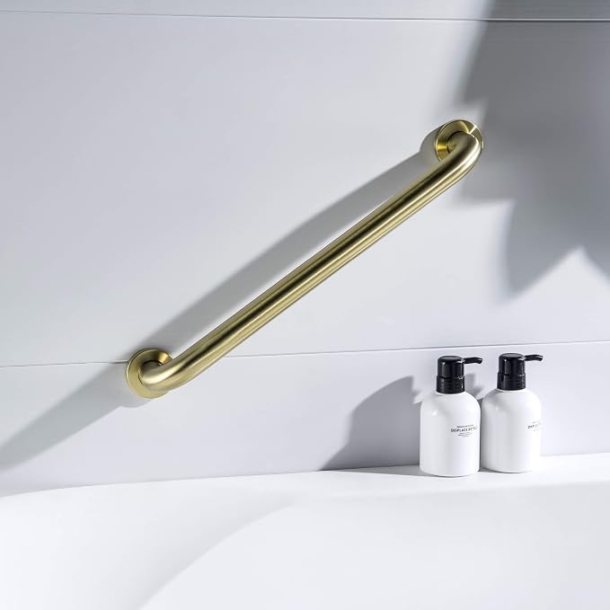 KIBI 18 Inch Bathroom Safety Grab Bar for Shower & Bathtub – Curved Wall Mounted Stainless Steel Shower Grab Bar, Anti-Slip Support Handle for Seniors & Elderly, Brushed Gold (KGB1018)