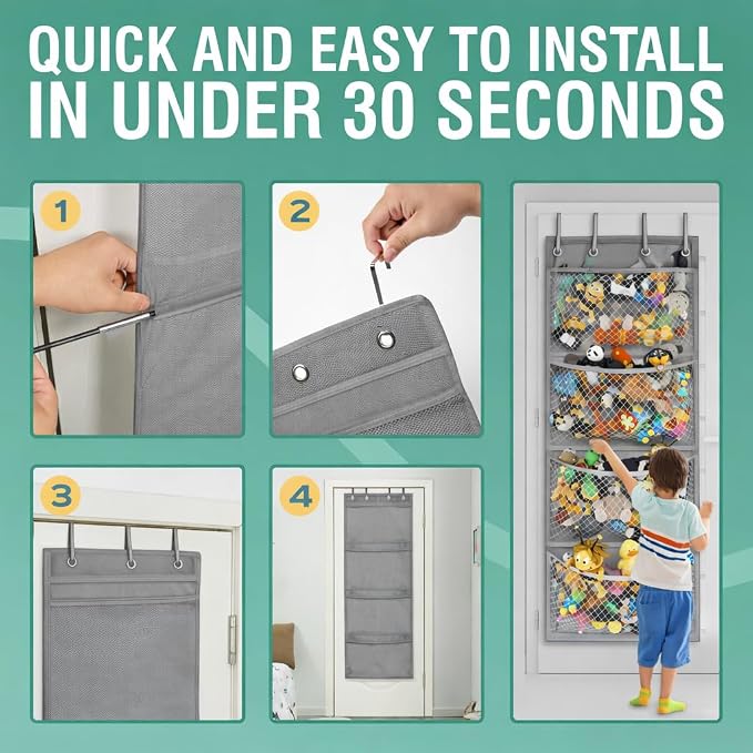 Honeyera Storage for Stuffed Animal - Over Door Organizer for Stuffies, Baby Accessories, and Toy Plush/Easy Installation with Breathable Hanging Pockets (Gray)