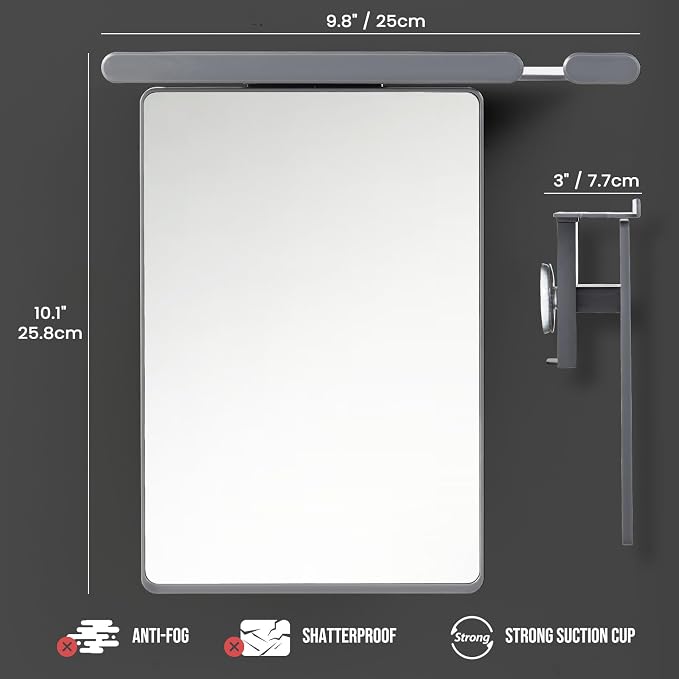 TAILI Shower Mirror Fogless for Shaving with Razor Holder, Anti-Fog with Powerful Suction Wall Mounted for Bathroom, Makeup Shave Mirror for Men & Women, Shatterproof & Removable, Grey
