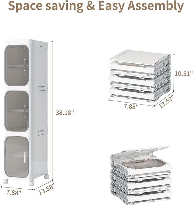 3-Tiers Slim Bathroom Storage Cabinet, Foldable Storage Cabinets,Narrow Bathroom Storage,Movable Bathroom Storage Organizer for Small Spaces,Bathroom,Kitchen,Laundry,White