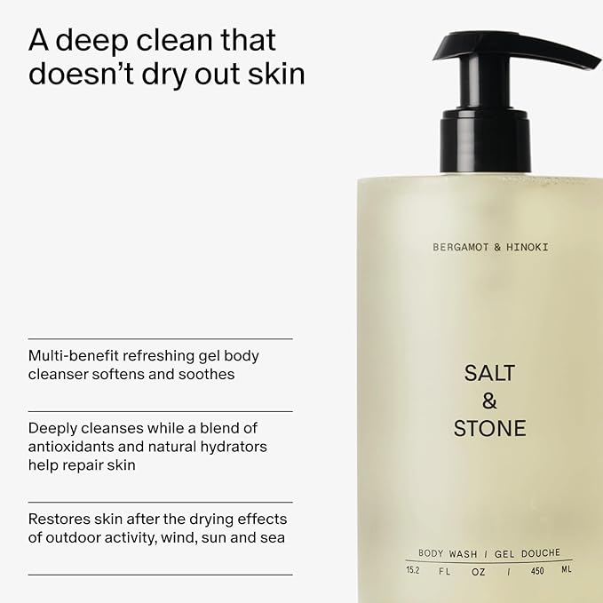 Salt & Stone Body Wash with Antioxidants for Deep Moisture | For Women & Men, Sulfate, Paraben, & Dye Free, Leaving Skin Soft and Hydrated | Bergamot & Hinoki Refill 32 fl oz