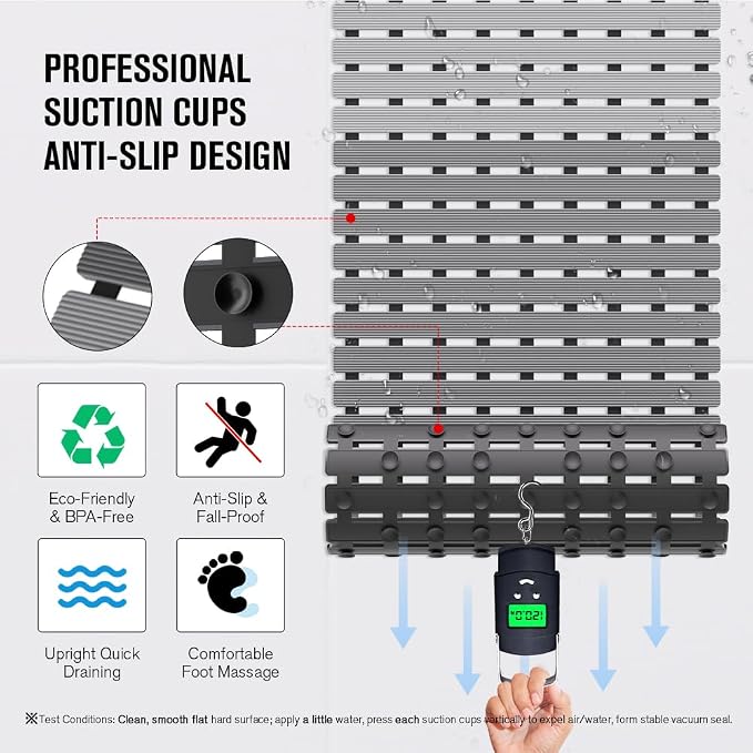 MBOSS Bath Tub Shower Mat Non Slip Bathtub Mats for Bathroom Shower Floor Mat Bath Mats for Shower Tub Anti Slip Shower Mat with Drain Hole and Large Suction Cups (Gradient Grey, 37.5 X 15.7 Inch)