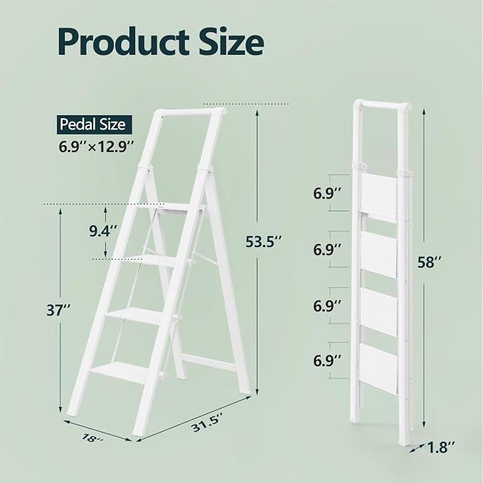 WOA WOA 4 Step Ladder, Ladders for Home, Anti-Slip Aluminum Pedals, Step Stool Foldable, Lightweight to Move, Ease of Storage, Reach 9ft for Closet Kitchen Library, Hold 300lbs - White