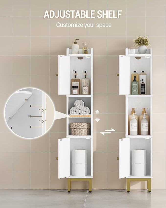 Hzuaneri Slim Bathroom Storage Cabinet, Narrow Bathroom Organizers and Storage with 4 Adjustable Feet, Laundry Room Organization for Small Space, Kitchen, Living Room, 2 Doors White BC22413G