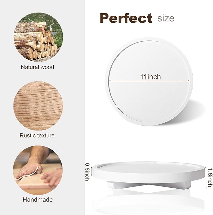 Round Decorative Tray Wood Bathroom Counter Organizer Farmhouse Kitchen Decor Wooden Riser for Soap Dish, Perfume, Candle, Sponge, 11" - White