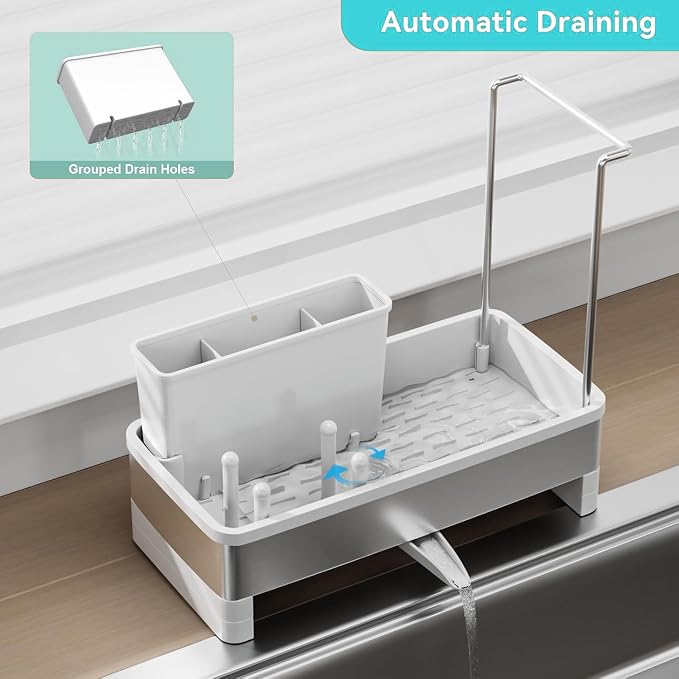 Sink Caddy Organizer, Kitchen Sponge Holder for Sink with Quick Drain Tray & Detachable Towel Rack, Sturdy Rustproof Kitchen Countertop Organizer for Sponge Soap Dispenser (White)