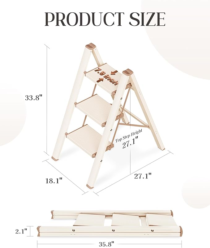 3 Step Ladder, Aluminum Folding Step Stool with Anti-Slip Sturdy and Wide Pedal, Lightweight Portable Stepladder for Home and Kitchen Use Space Saving, 330 lbs, Chocolate White