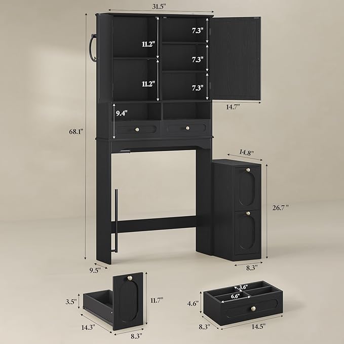Over the Toilet Storage Cabinet with Mobile Bathroom Storage Cabinet & 3 Adjustable Shelves, Bathroom Storage Cabinet Over Toilet with 4 Section Drawers for Bathroom, Laundry Room, Black
