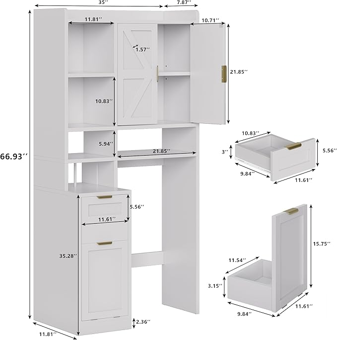 Einhomn Over the Toilet Storage Cabinet with Hidden Odor-Proof Trash Can&Toilet Paper Holder Combo–10 Storage Spaces, All-in-One Bathroom Rack for Bathroom, Laundry, White