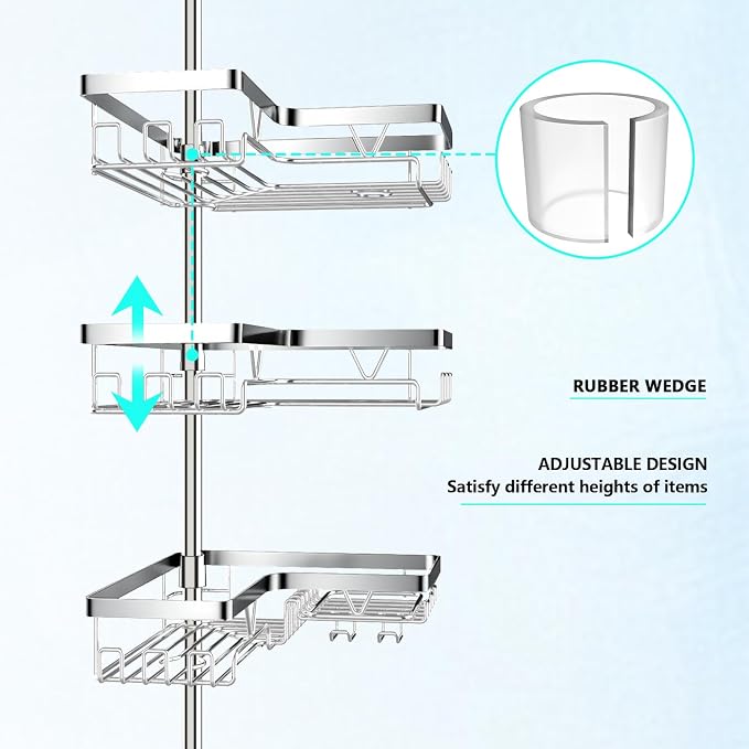 DAOYA Corner Shower Caddy Tension Pole - Chrome Tension Rod Shower Caddy Adjustable Shampoo Holder for Bathroom/Bathtub/RV, Stainless Steel, Floor to Ceiling 25-114.2 inch