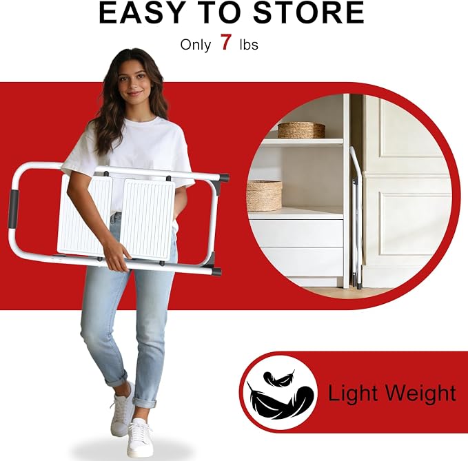 2 Step Ladder for Kitchen Step Stool, Lightweight Folding Step Stool with Curved Safety Handrail, Auto-Lock Mechanism & Non-Slip Wide Pedals, Slim 2 Step Ladder Foldable for Home Indoor（White）