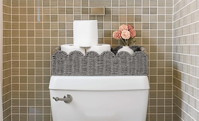 CubesLand Toilet Paper Storage Basket, Scalloped Edge Shelves Basket for Organizing for Over Toilet Tank Storage, Home Decor Baskets for Shelf, Countertop, Living Room, Bedroom, Handwoven, Grey