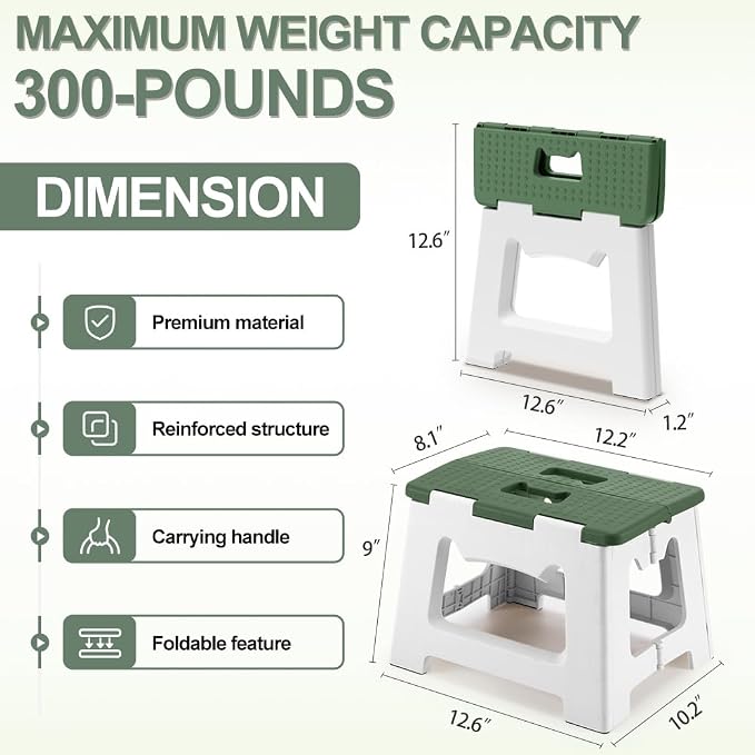 9'' Folding Step Stools for Kids and Adults, Hold Up to 300 lbs, Portable Foldable Step Stool for Toddlers, Plastic Small Collapsible Stepping Stools with Handle for Kitchen Bathroom (Green)
