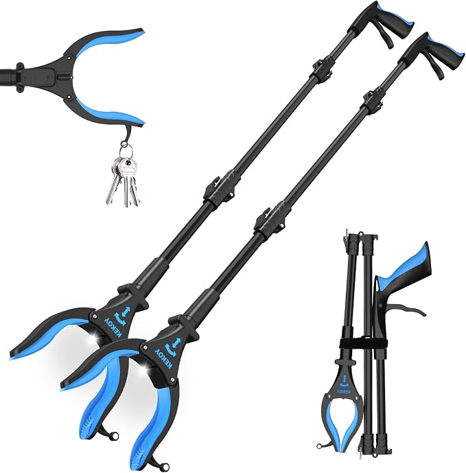 Kekoy 2-Pack Reacher Grabber Tool, 32" Grabbers for Elderly, Trash Picker Grabber with Light, Extended Claw Reacher Tool, Foldable Pick Up Grab Tool, Magnetic Sticks Grippers for Reaching (Blue)