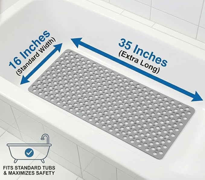 Nonslip Bathtub Mat Extra Soft TPE Bath Mat for Kids, Machine Washable Bathroom Shower Mat, Smooth/Non-Textured Tubs Only, 35L x 16W Inch (Light Gray)