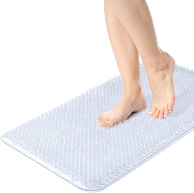 Yolife Shower Foot Scrubber Mat, Anti-Slip Bath Mat with Scrub Bristles, Soft Shower Foot Massager with Strong Suction Cups for Soothe Achy Feet, 25.6" x 13.4"