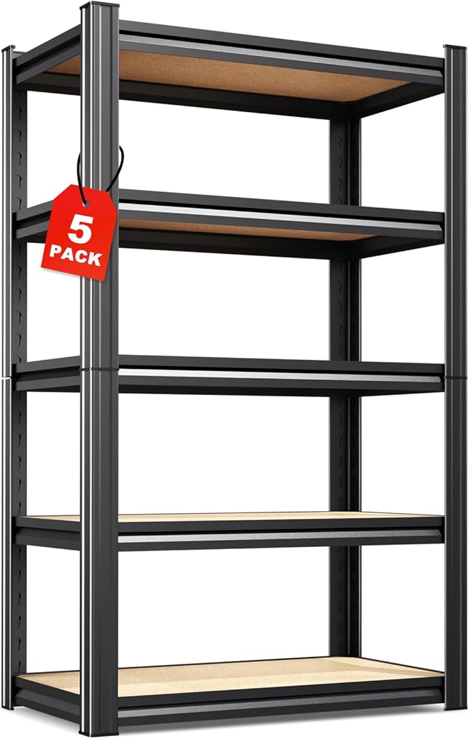 5-Tier Heavy Duty Metal Shelving Units, 71" H x 28" W x 12" D, Adjustable Steel Storage Racks for Garage, Warehouse, Industrial, and Home Organization, 1900 lbs Capacity, 5-Pack