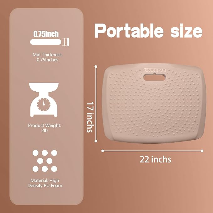3/4 Inch Portable Anti Fatigue Standing Mat with Massage Points, Comfort Foot Standing Pad for Office Desk with Handle, Cushioned Kitchen Mat for Office & Home (Rose Gold, 17" X 22")